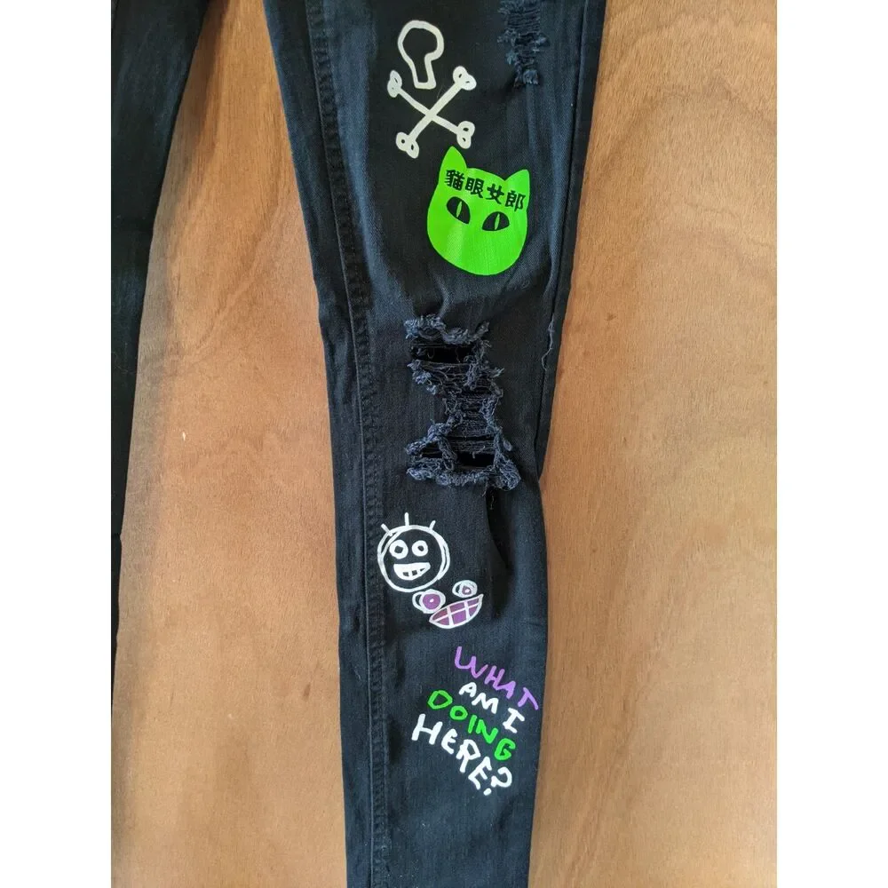 Ninth Hall Rouge Black Jeans Distressed Embellished Skinny 28 Skater Goth Punk